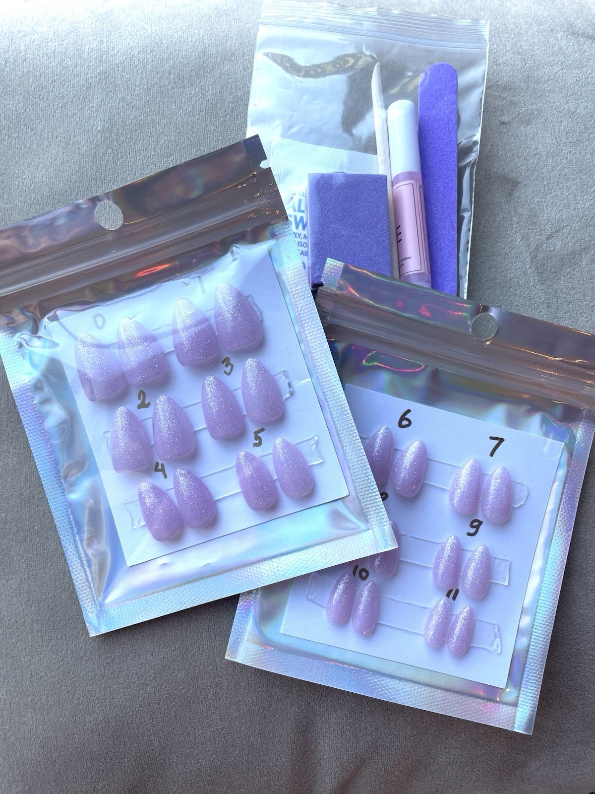 Handmade Gel Press On Nails Short Almond 24 Pieces All Sizes Lavender & Glitter