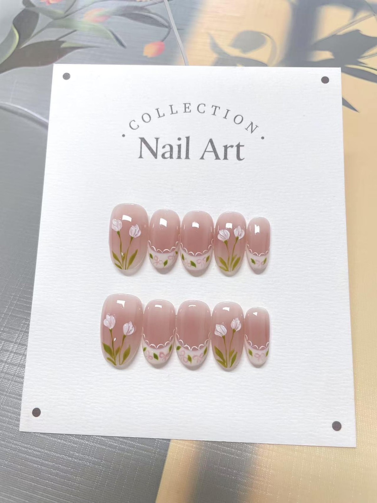 Handmade Nude Pink Tulip Lace French Medium Almond Press on Nails