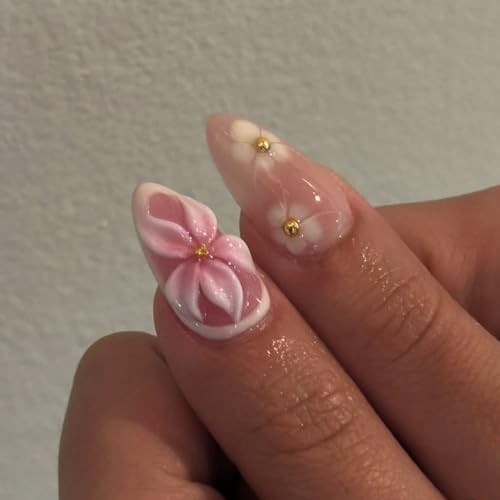 24pcs Summer Flower Press on Nails Medium Almond Fake Nails 3D Hibiscus style04