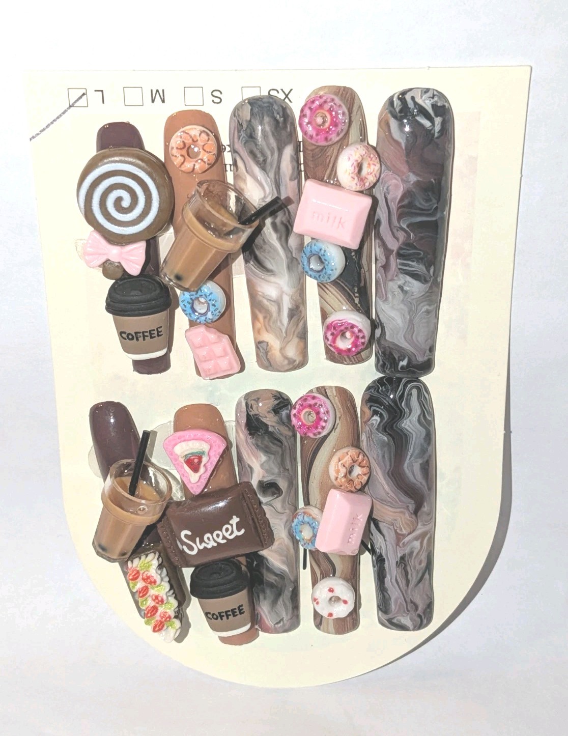 Hand Crafted 3Xl Java Marble Brown & Pink 3D Dessert Press-On Nails Sz Large