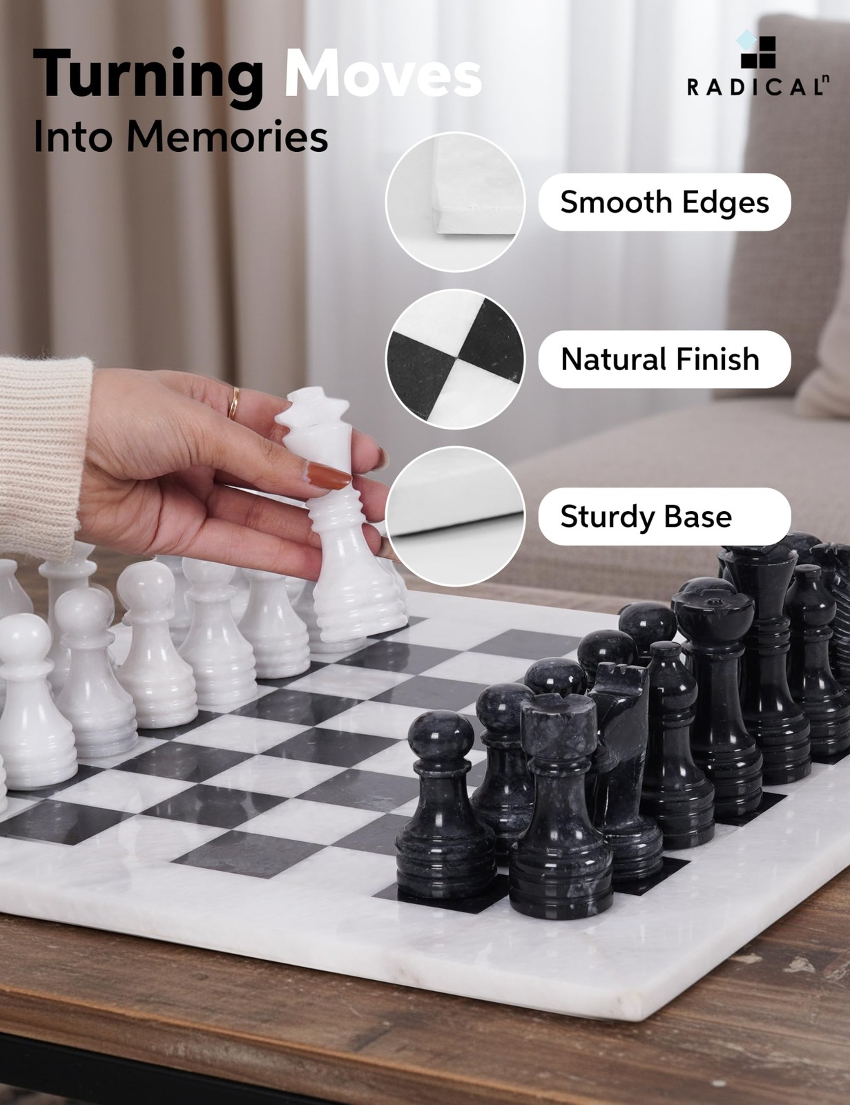 Radicaln Marble Chess Set 15″ Inches White and One Size, Black