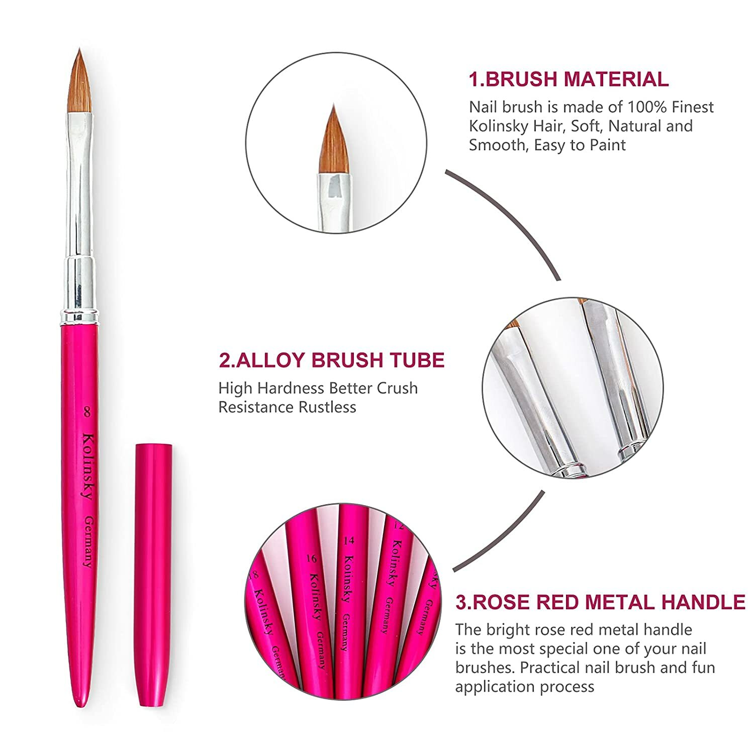 Kolinsky Acrylic Nail Brush Crimped Metal With Cap Size 6-20 Ships From The US
