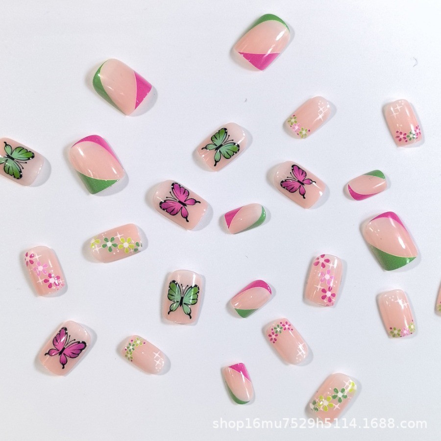 48pcs-Cute Pink Nude Nail, Press On with Green Pink Floral and Butterfly Designs