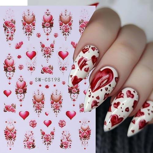 8 Sheets Valentine’s Day Nail Stickers Love Heart Decals 3D Self-Adhesive Love