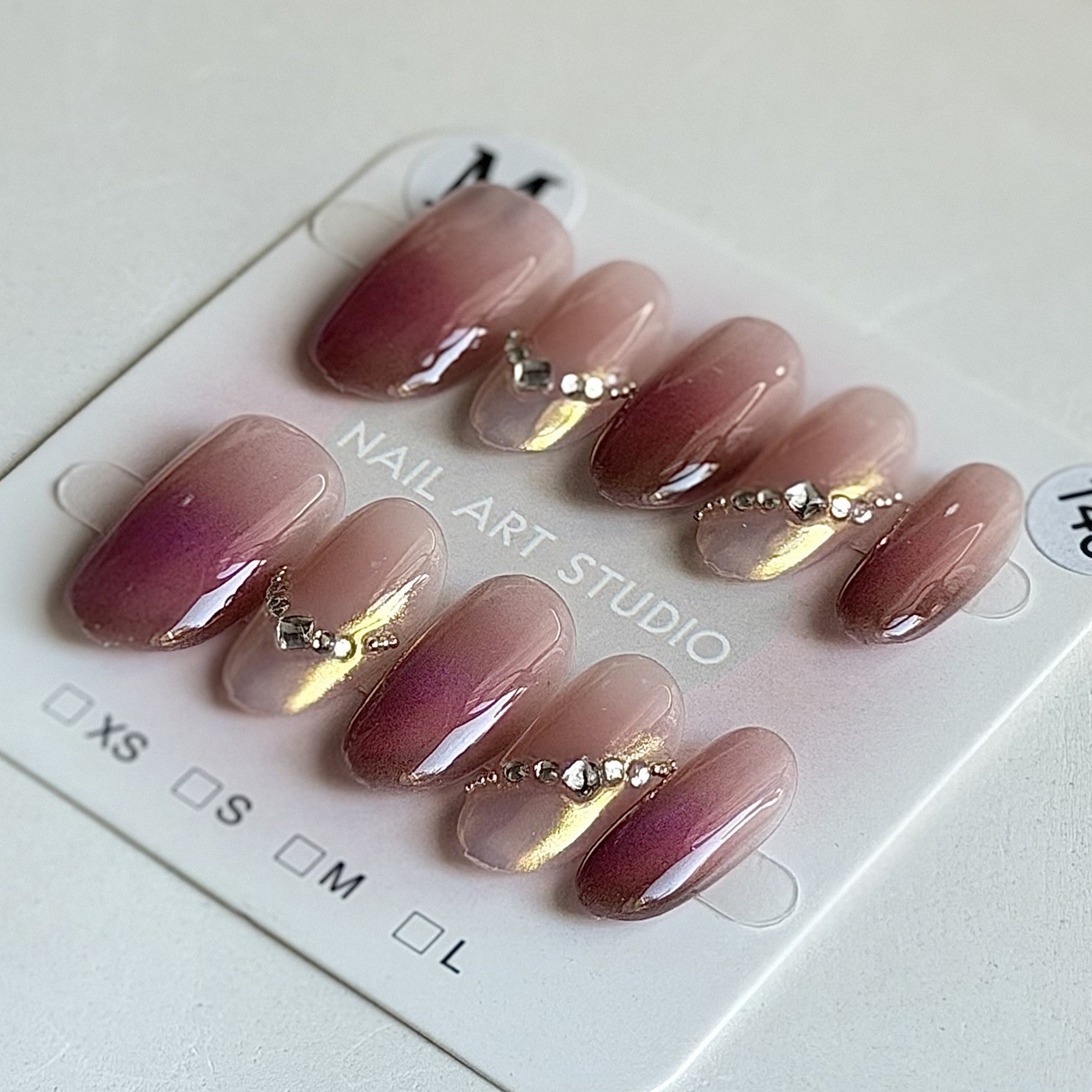 Handmade Pink OmbrePress-On Nails with Rhinestone Reusable Fake Nail Short Oval