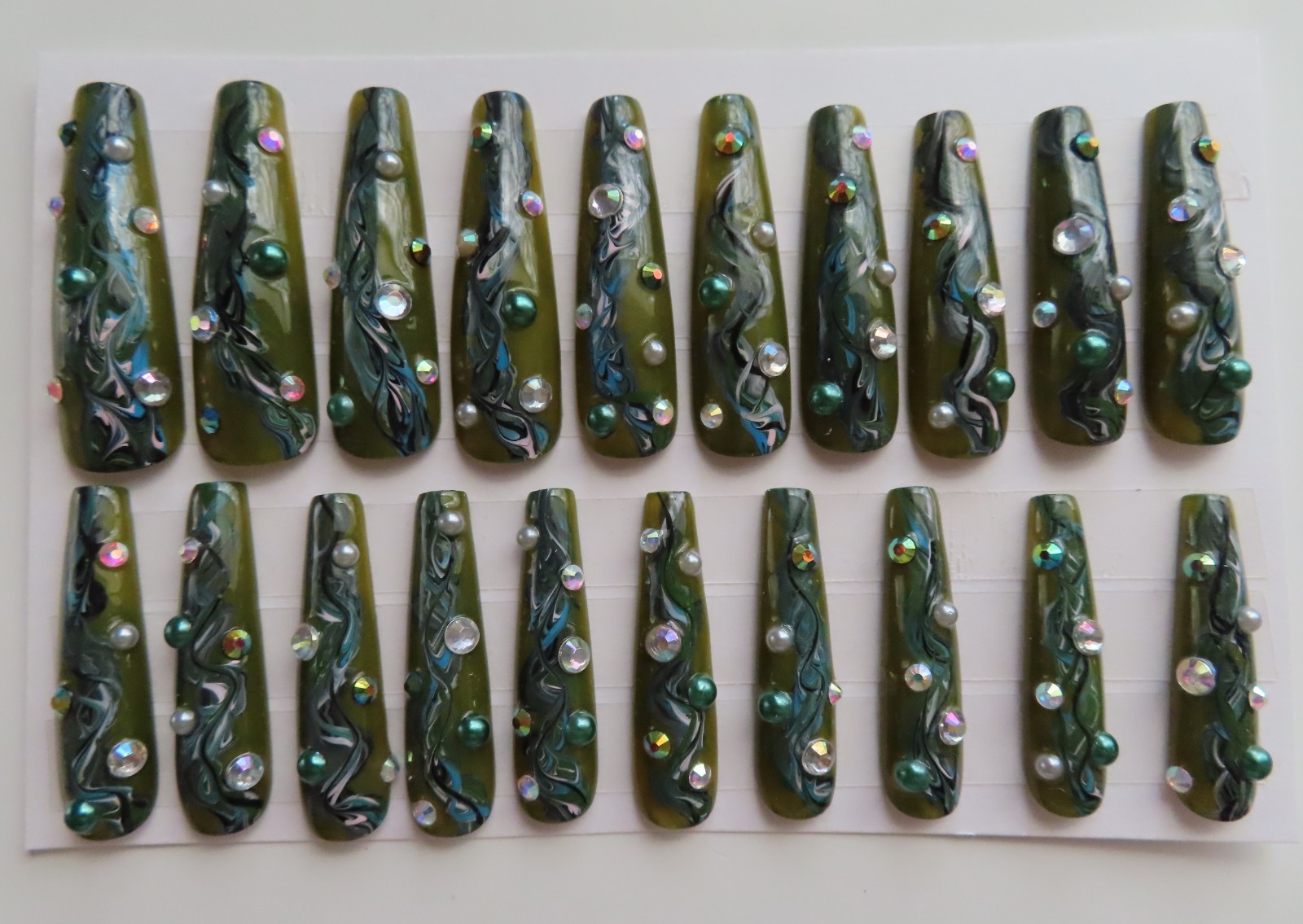 XL Dark Green Blue Marble Rhinestone Pearl Square Coffin Press On Nails (20)