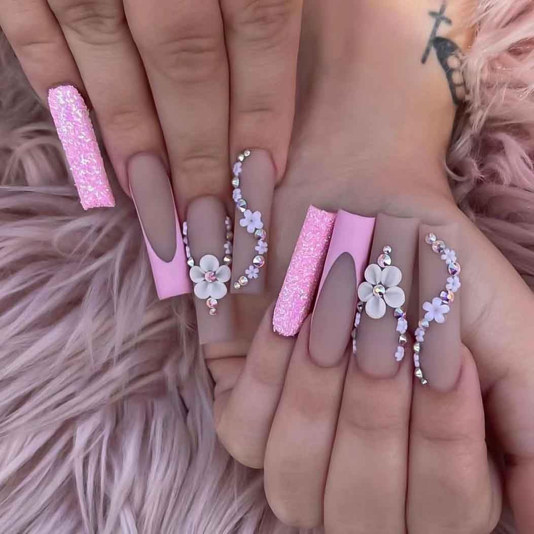 RikView Long Press on Nails Square Fake Pink Acrylic 24 Piece Set,