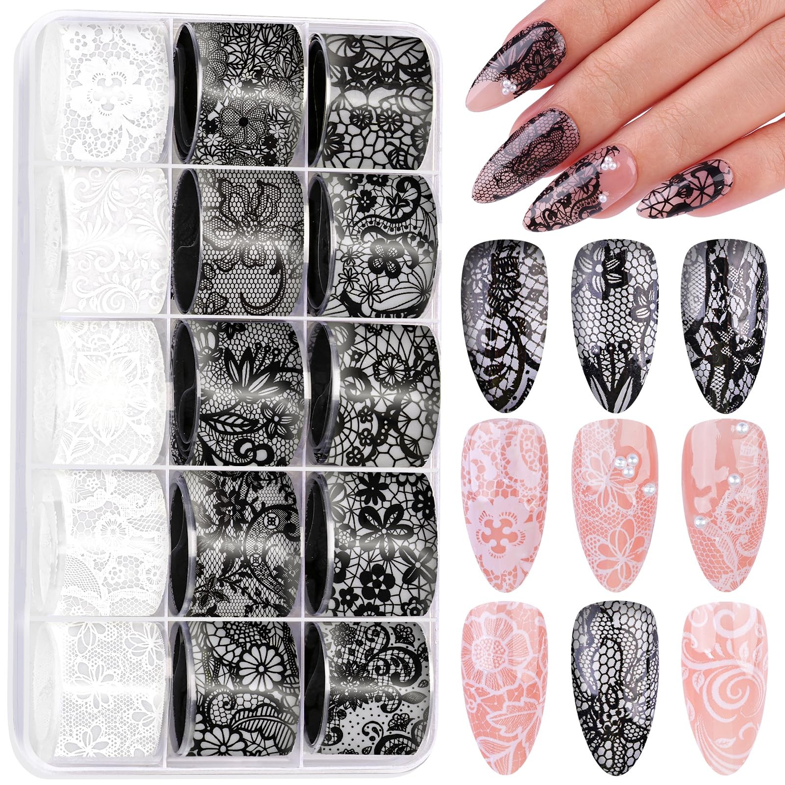 15 Rolls Black White Lace Nail Foil Transfer Stickers, Nail Lace Flowers Stic…