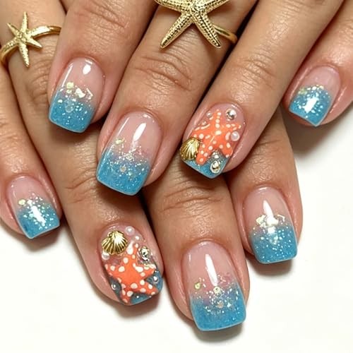 Blue Glitter Gradient Nails – Short Square – Fake Summer Nails – 11