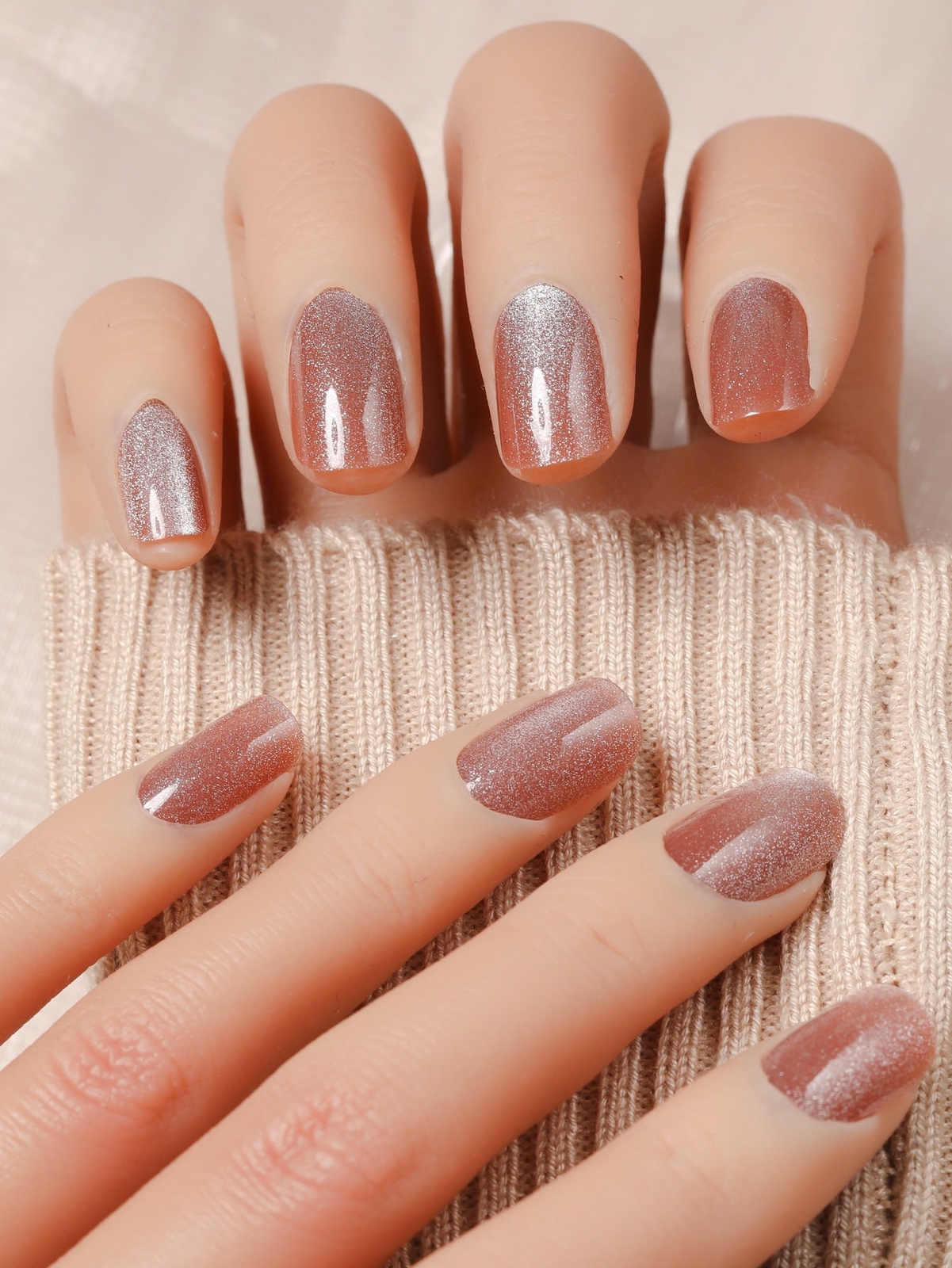 24pcs Square Apricot Glitter Cat Eye Effect Fake Nail Press On Nails False Nails