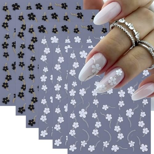 6 Sheets Flower Nail Art Stickers 3D Self-Adhesive Glitter heart flower lines