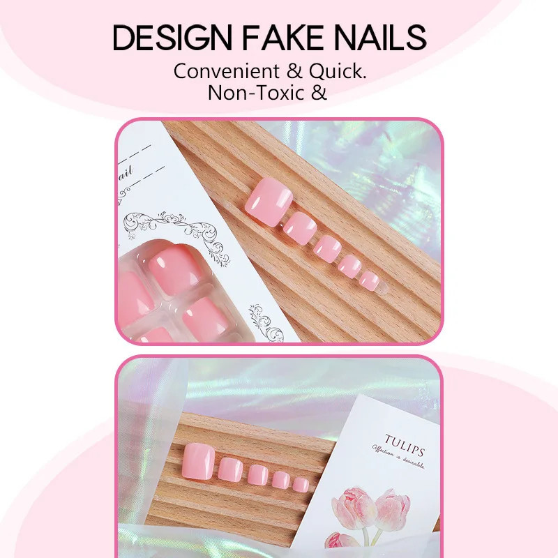 24pcs Pink Solid Color Press On Toenails Full Cover DIY False Toe Nails