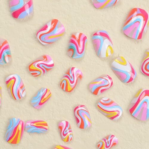 Press on Nails Square Short 24Pcs Press on Nails with Colorful Wavy Line