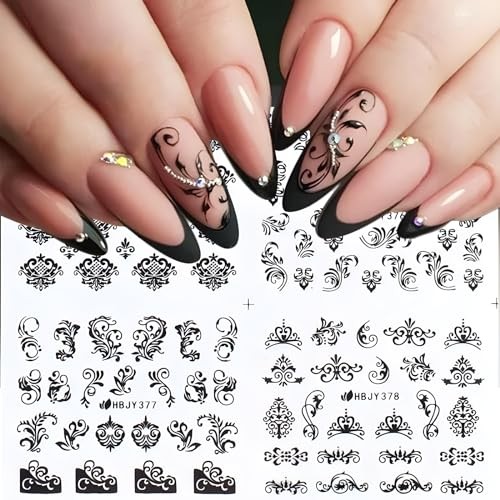 12 Sheets Black Nail Art Stickers 3D Self Adhesive Black Flower Nail Style 3