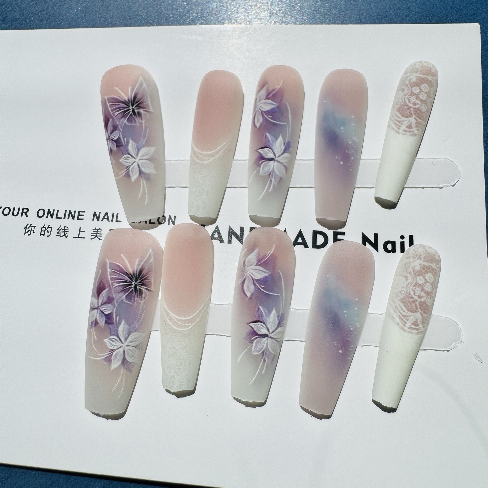 press on nails Long coffin matte pink purple white flower theme