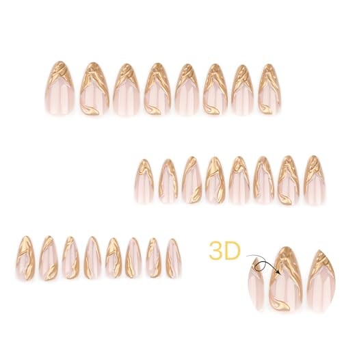 French Tip Press On Nails – Almond Shaped, 3D Wave 0.04 Fl Oz (Pack of 24) Gold