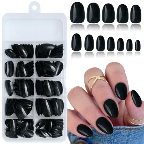 Short Press on Nails Almond Fake Nails 240 Round Almond Press on Nail Black