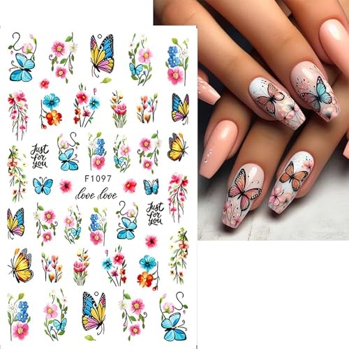 Vibrant Flower Nail Art Stickers – Colorful Butterfly, Leaves, Flowers Design