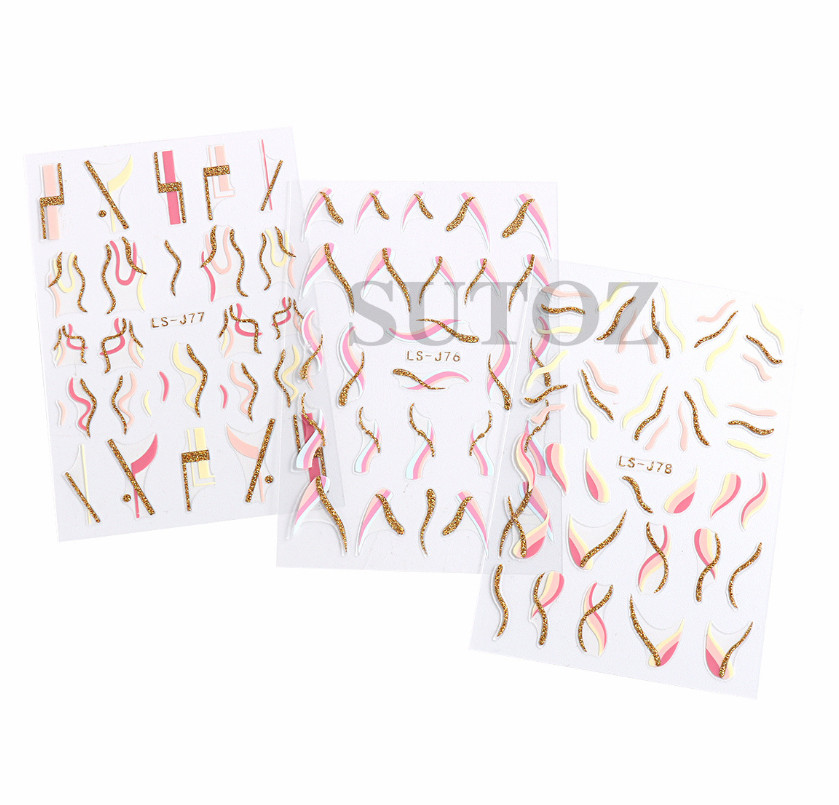 Golden Glitter French Lines Nail Stickers – Curve Wave Swirls, Pink Stripe NH22