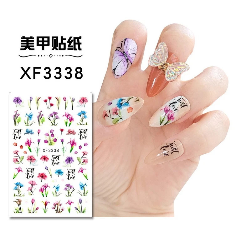 12Pcs Nail Stickers Waterproof Red Cherry Tulip Rose Decal Flower Peel Off NS36
