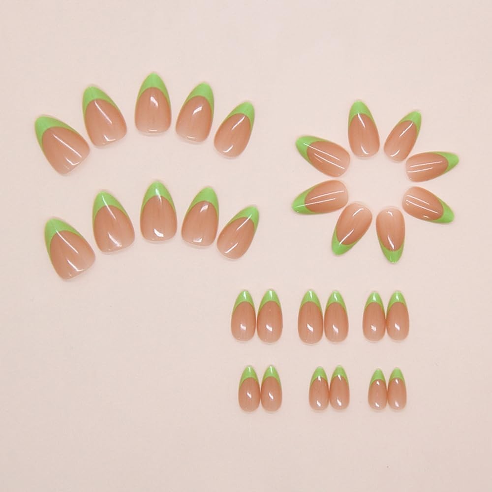 Green French Tip Press on Nails Short Almond Nude Fake Nails Press ons Artifi…