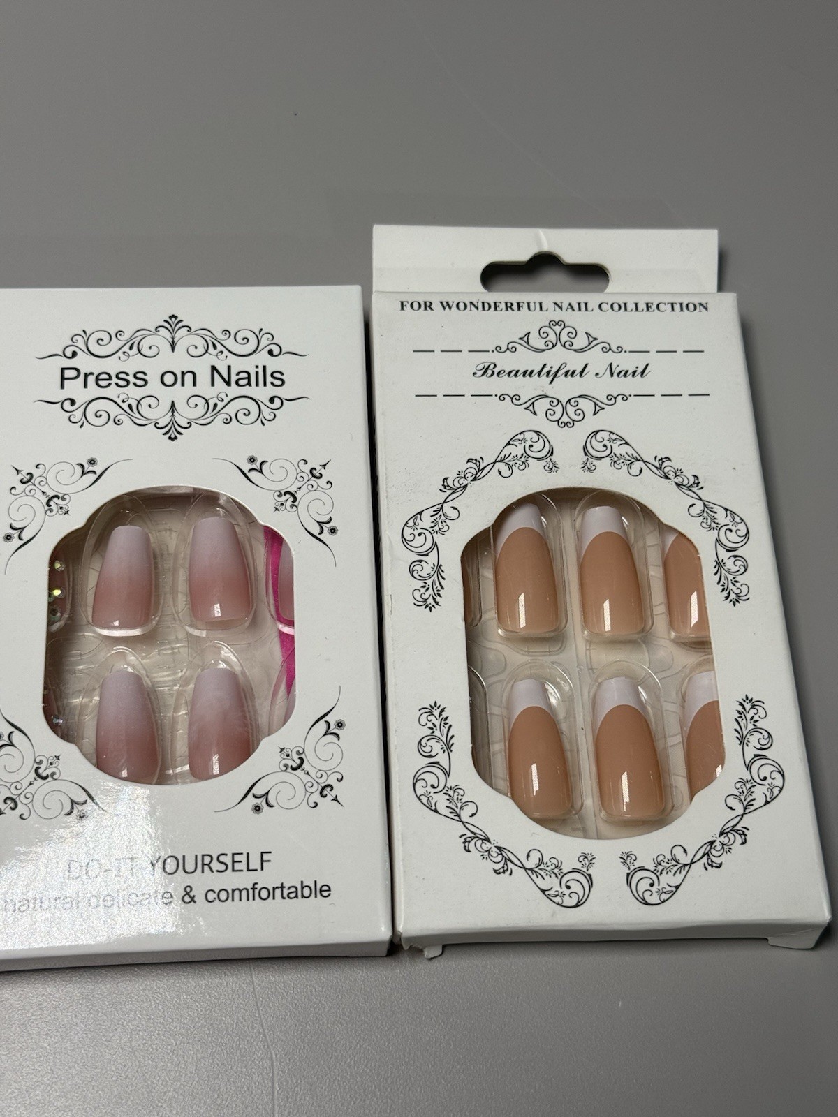 SET OF 2 French Ombre & Rhinestone Press On Nails Set | Nude Pink White