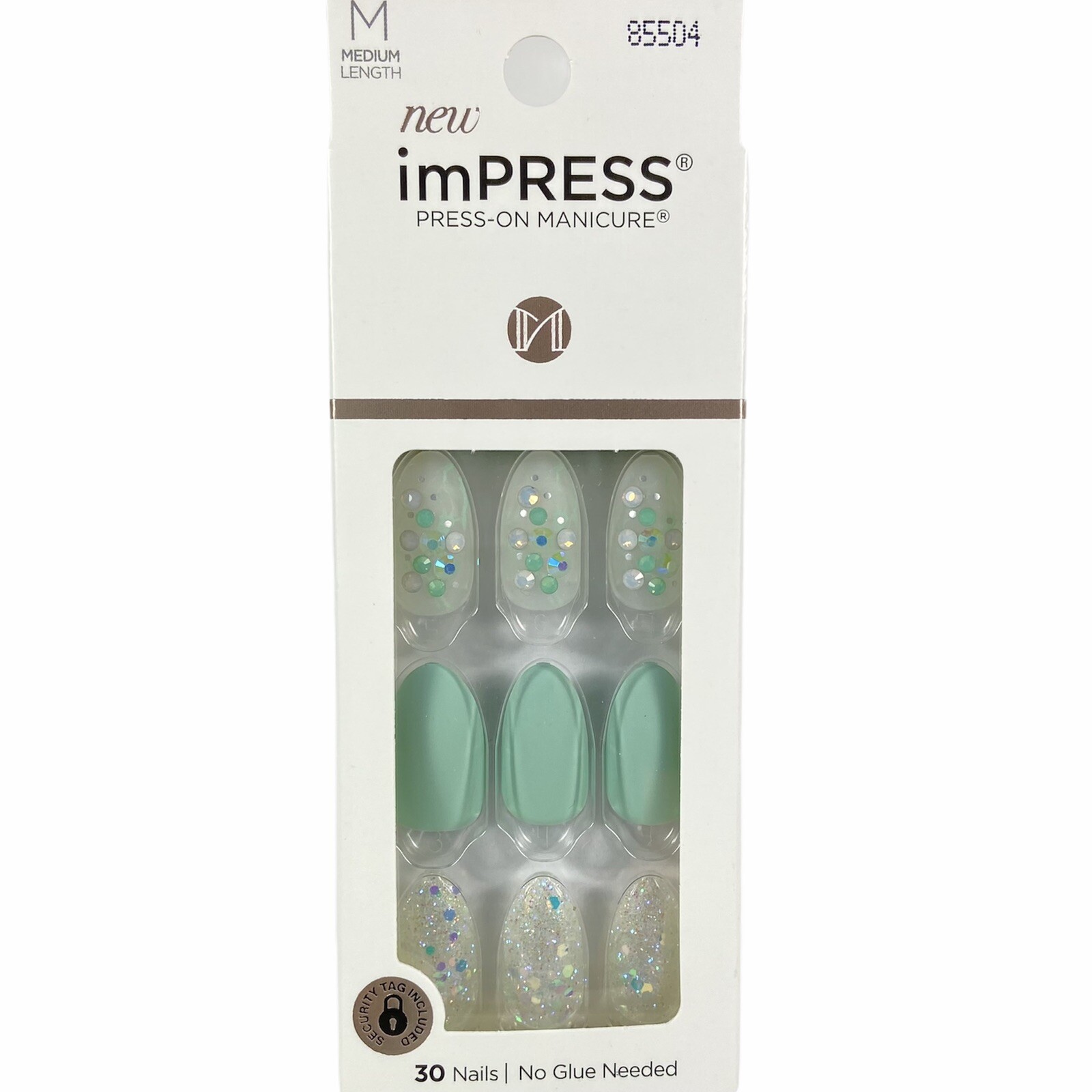 NEW Kiss Nails Impress Press On Manicure Medium Almond Gel Matte Mint Green Gems
