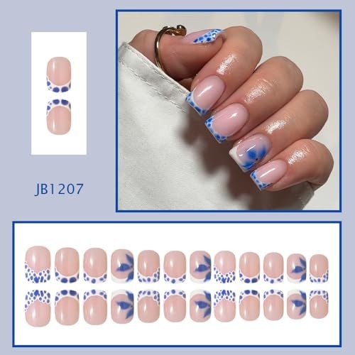 French Tips Press on Nails Short Square Nails Press on with Flower Pattern ST39
