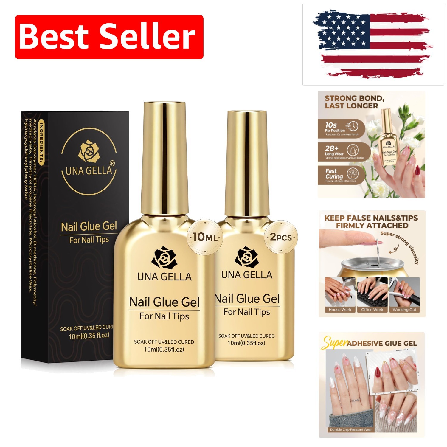 9 in 1 Gel Nail Glue for Clear Acrylic Nails Tips 2Pcs 10ml Long Lasting Supe…