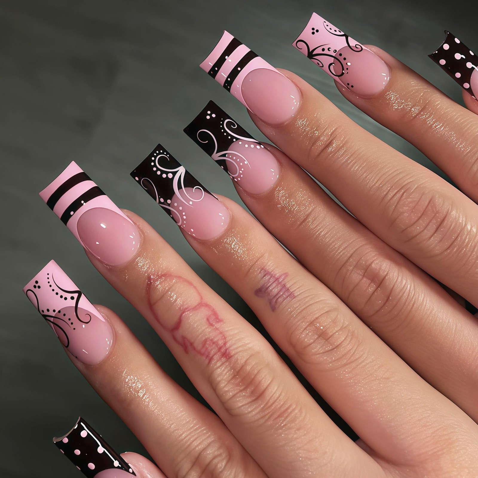Long Square Press on Nails – Pink Black French Tip Fake Nails with Swirl & Po…
