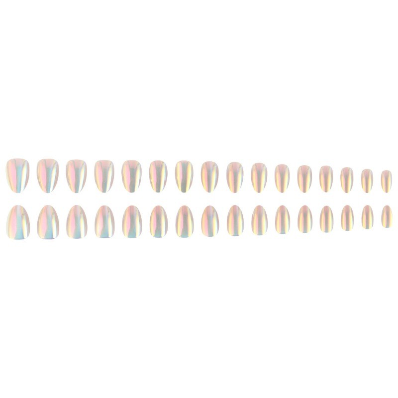 64pcs-Silver Holographic Press on Nails, Medium Almond Chrome Mirror Fake Nails