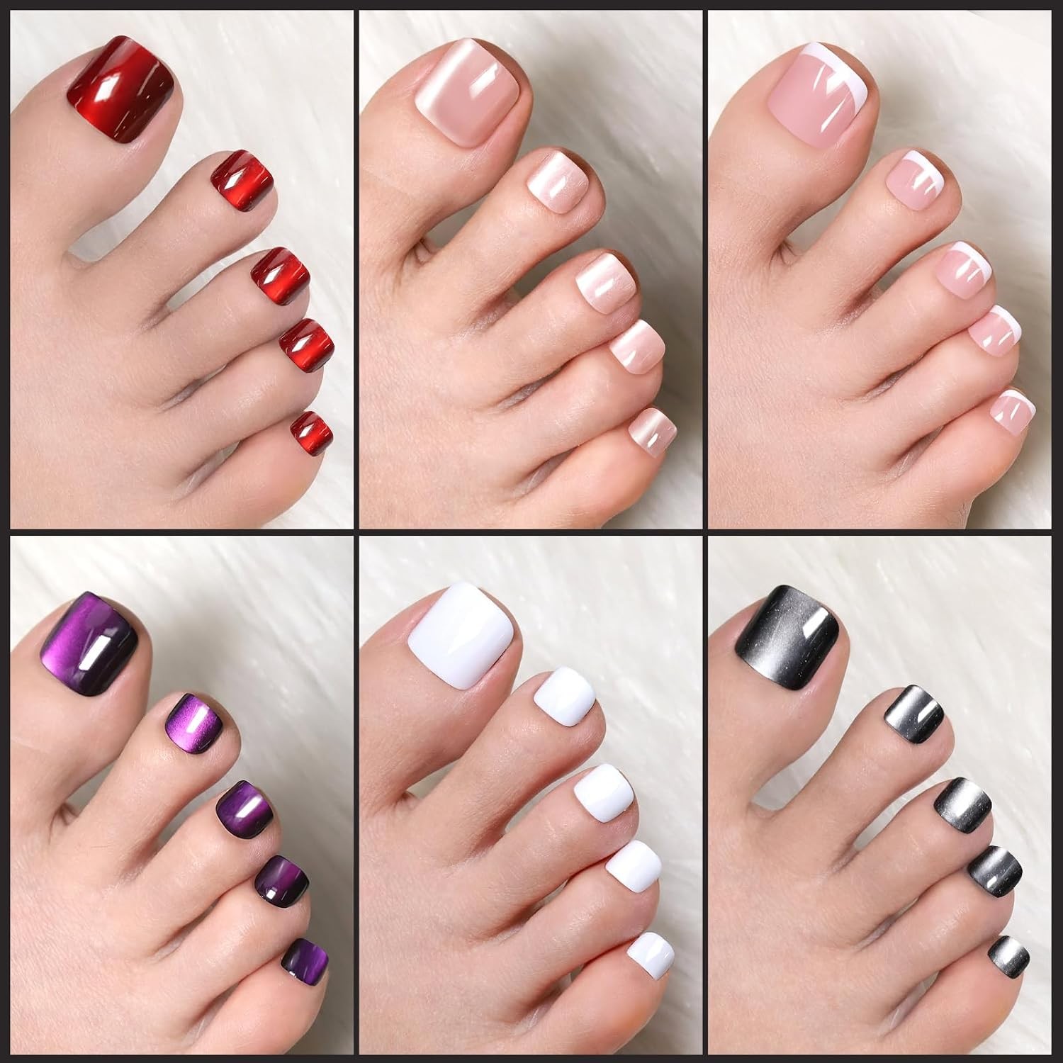 FANDAMEI Cat Eye Press On Toenails – 6 Colors, Short Square, Glossy