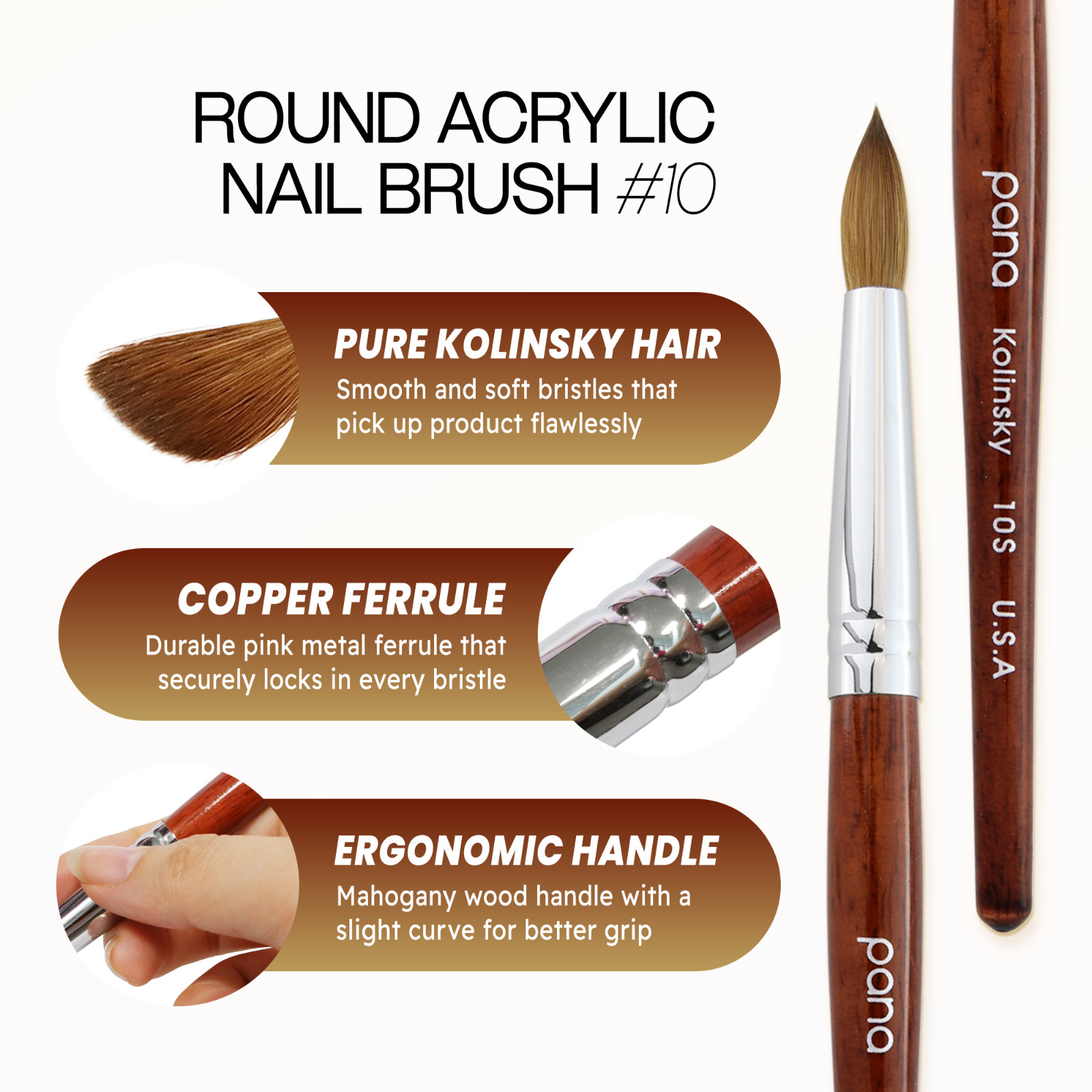 Pana USA Acrylic Nail Brush 100% Pure Kolinsky Hair Mahogany Wood Handle-Size 10
