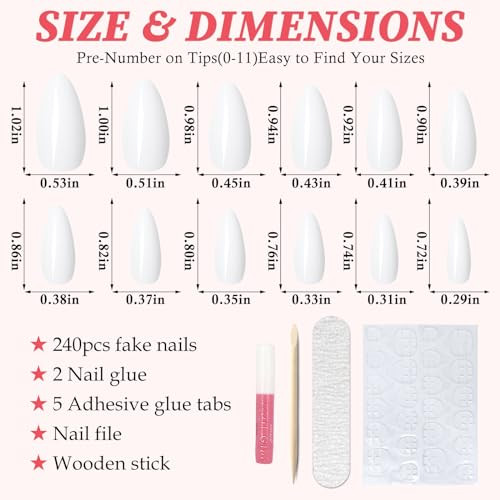 240pc Short Almond White Press on Nails Colored Fake Nail Tips Full Snow White