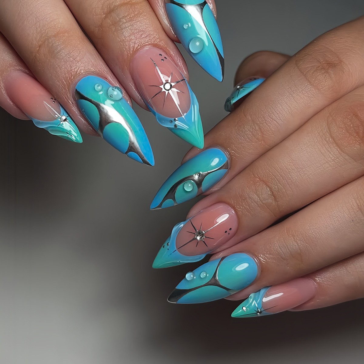 Blue Green Mirror Bubble Y2K Press On Nails Wholesale