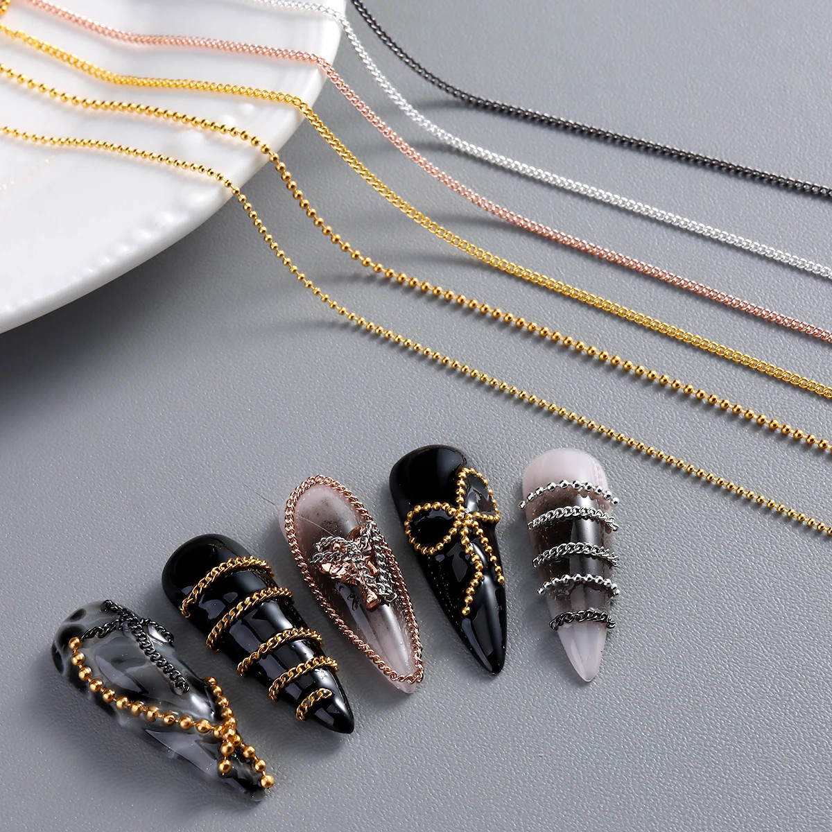 3D Metal Nail Art Chains Gold Silver Nail Decoration Personality Nail Jewelry