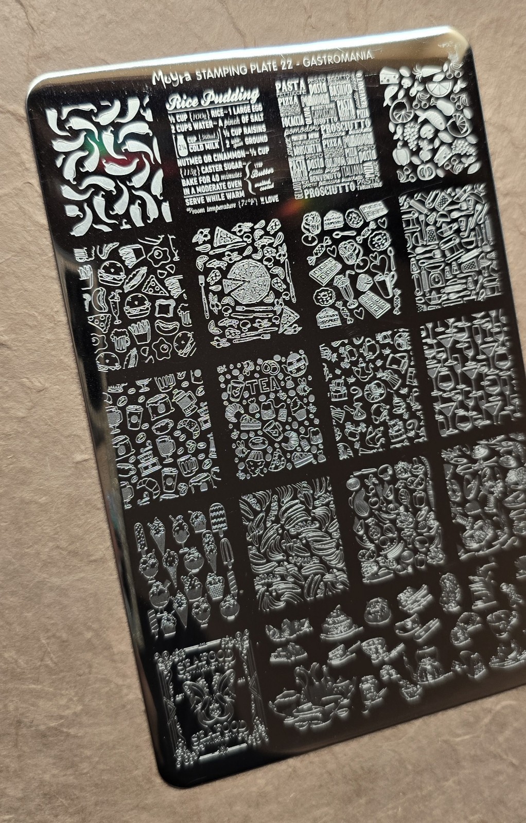 Moyra 22 Gastromania Nail Stamp Plate Rice Pudding Tea Pizza Food Picnic Cheese