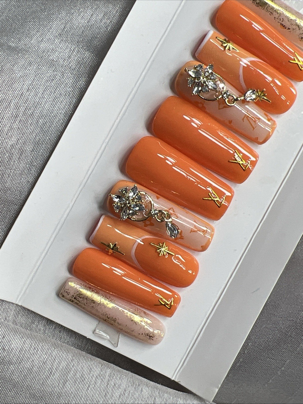 💎 CUSTOM Hard Gel Press On Nails, Orange NUDE , 10p FULL SET W Kit LONG SQUARE
