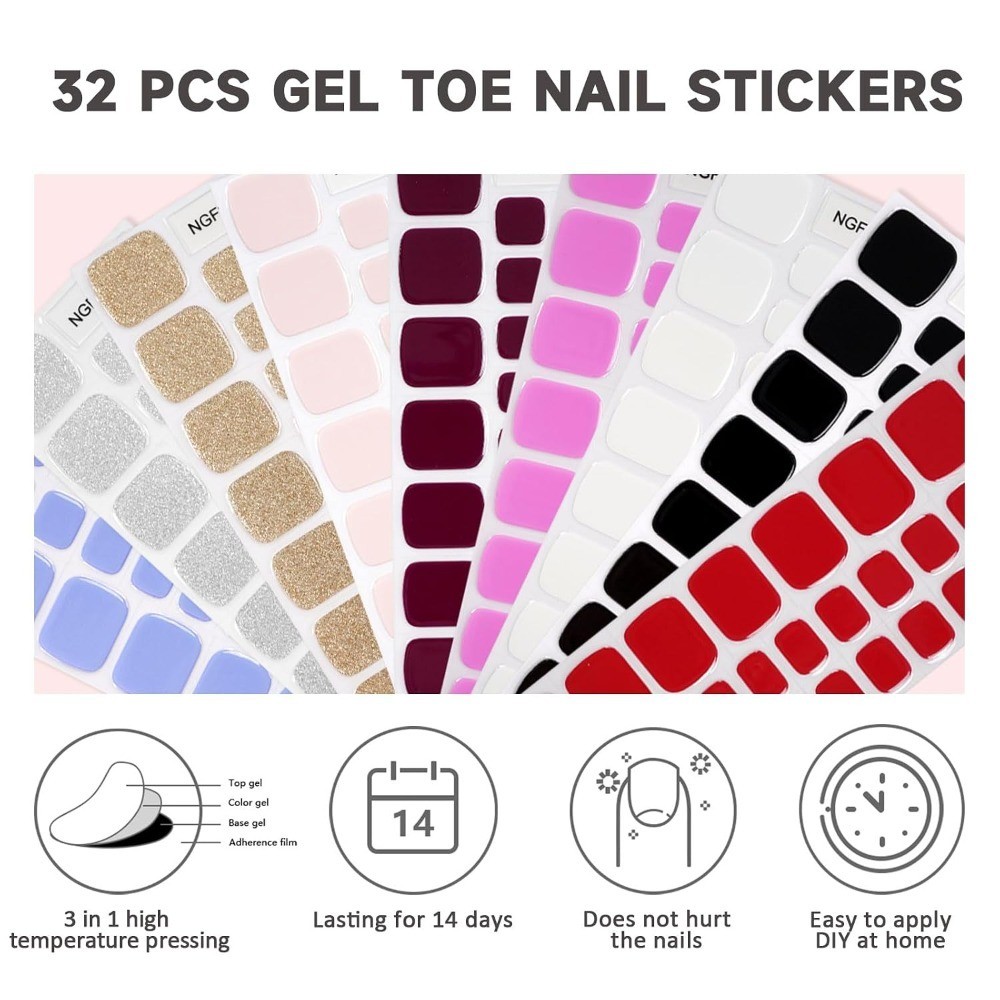 Semi Cured Gel Nail Strips for Toes 32 Pieces Long Lasting Toe Nail Wraps