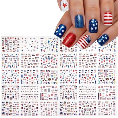 4th of July Nail Stickers Red Blue White Nail Decals Star USA Regular Vbn-34