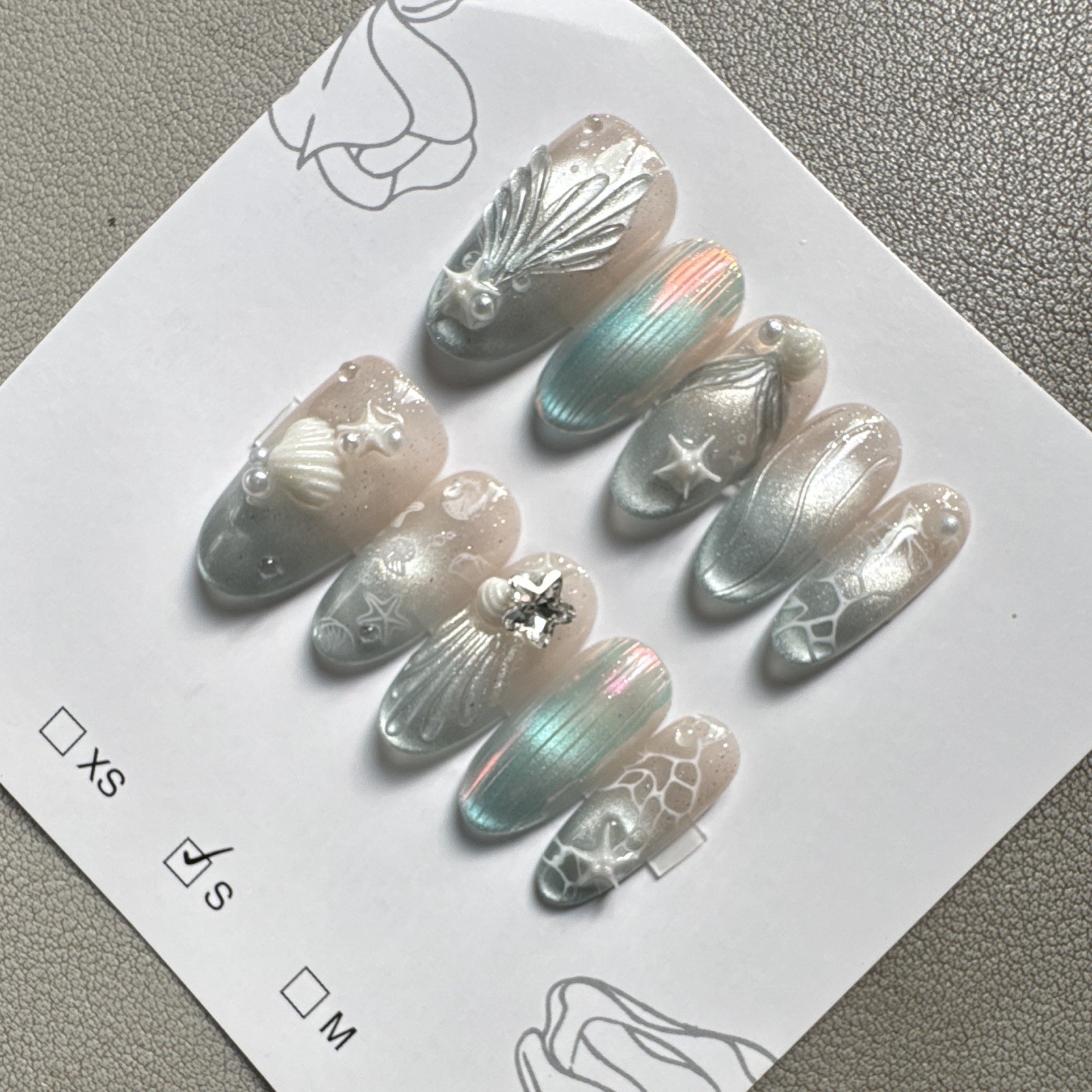 Press-On Nails Long Oval Blue/Beige Ocean Theme Laser 3D Full Cover Handmade