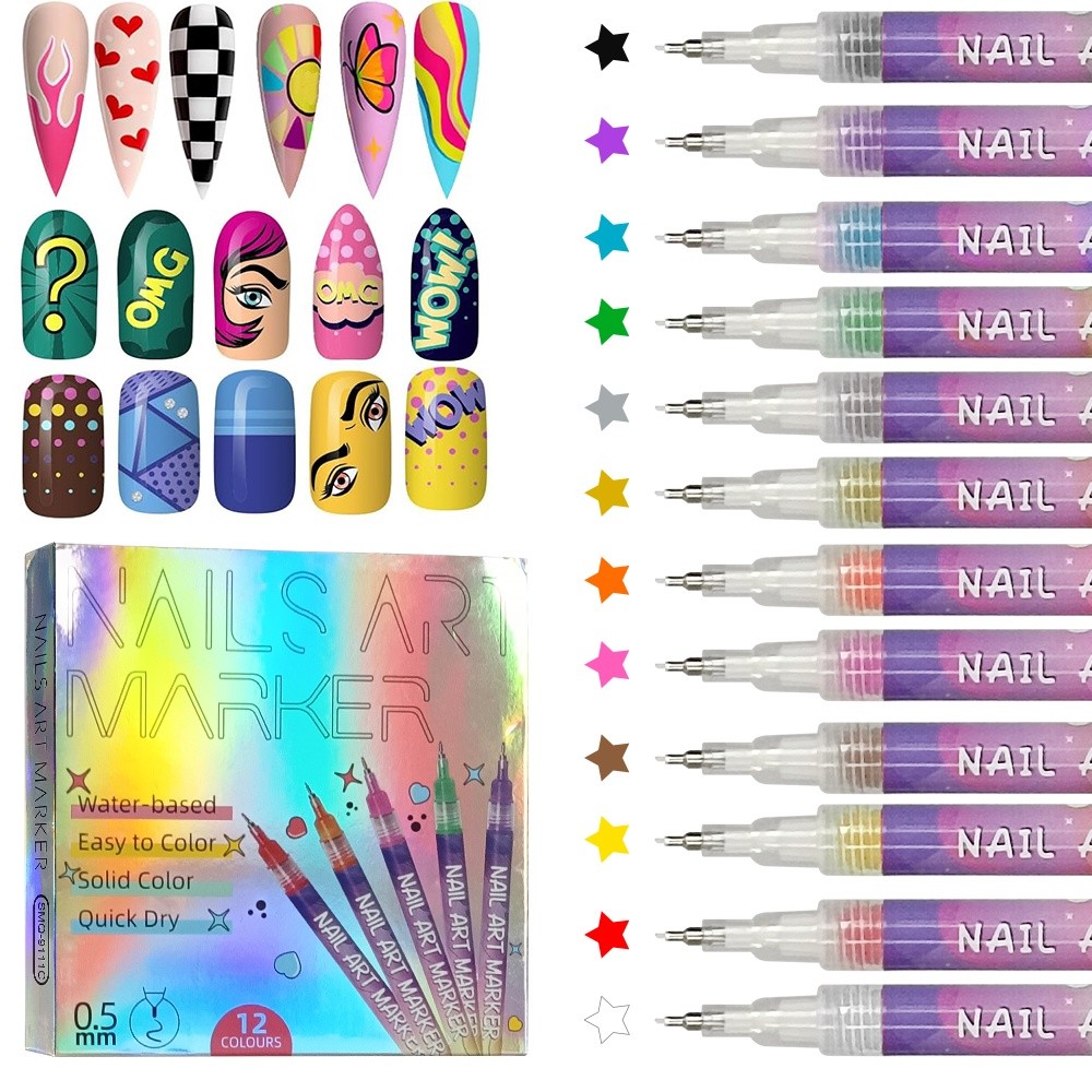 12 Colors Nail Art Pens Set, Nail Art Marker, Nail Doodle Pens, 0.5 MM Nail US
