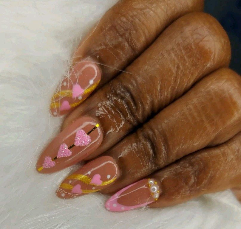Pink White And Gold Nails, Pink Heart Coquette Nails, Custom Prom Wedding Nails