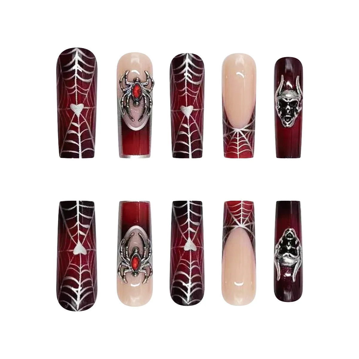 24pcs Halloween Gothic 3D Spider Skull Coffin Press On Nails