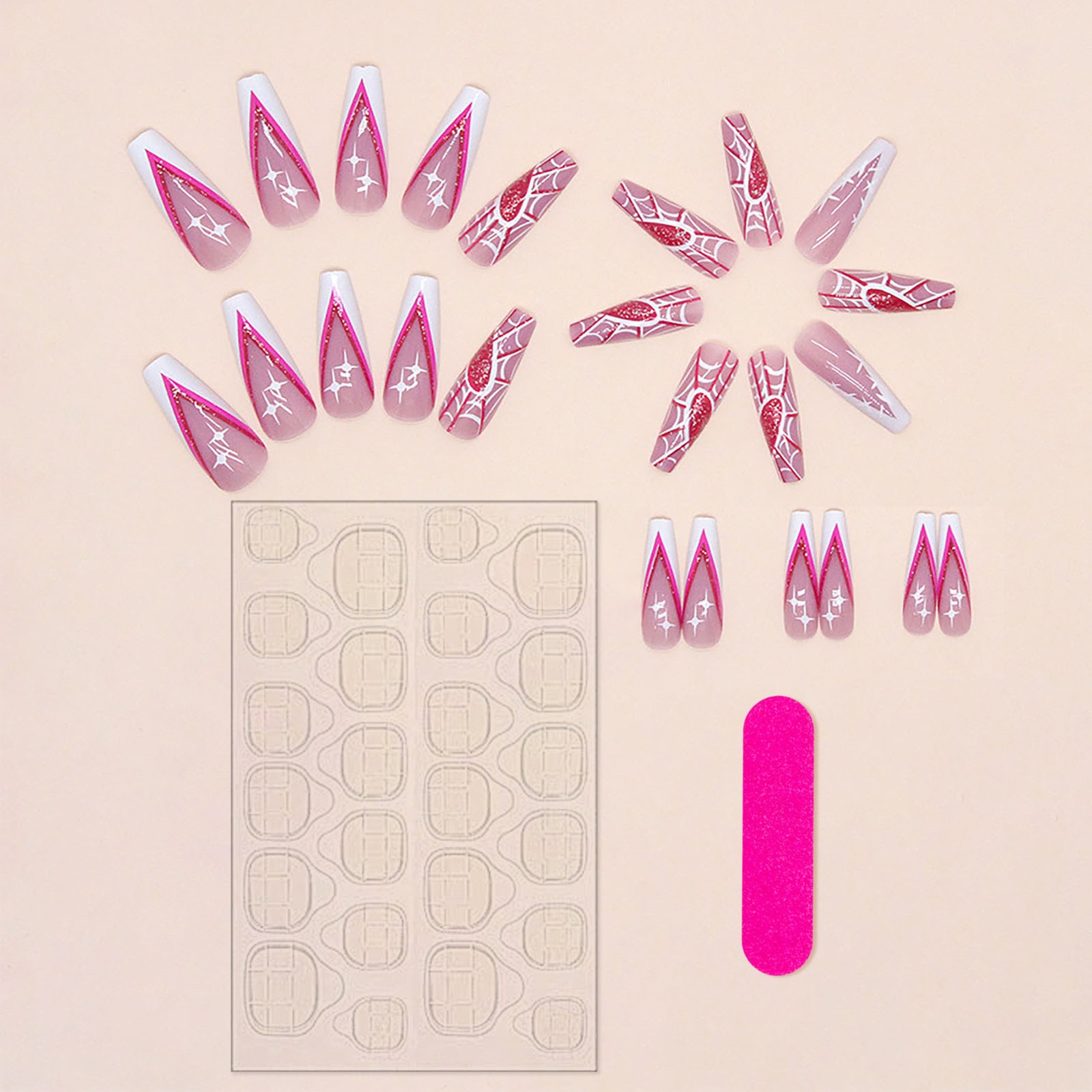 Pink Long Square French Tips,Halloween Fake Nail w/ Spider Web Printed False Nai
