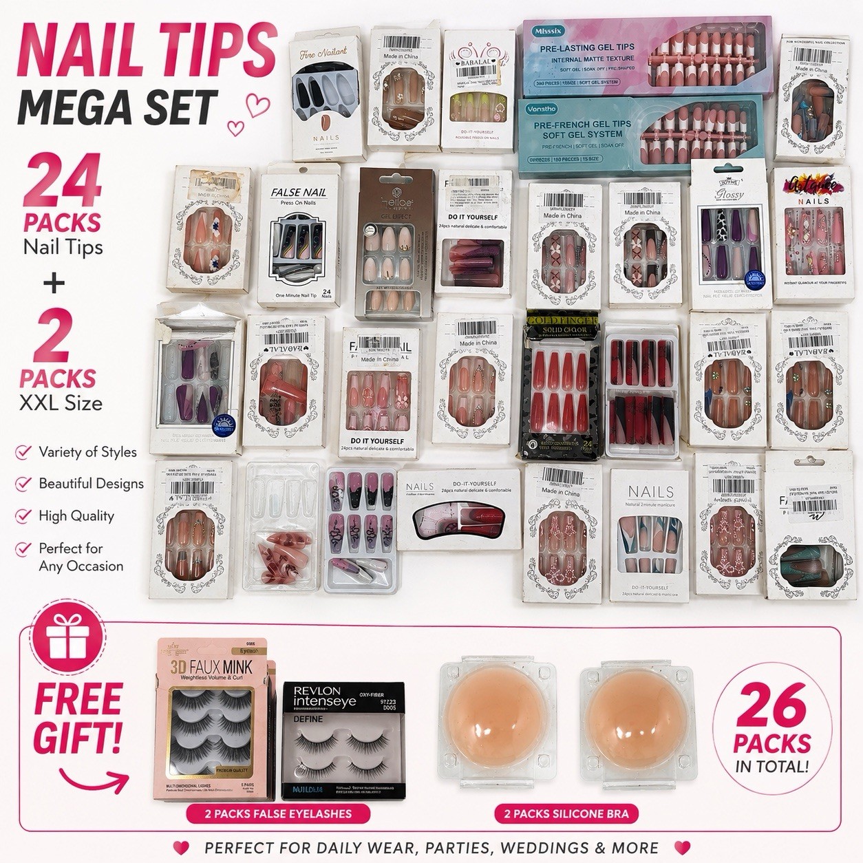 26 Pack Press On Nails Bundle w/ 2 XXL Sets + FREE Lashes & Silicone Bra Pads