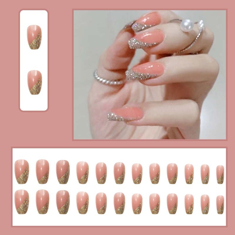 72Pcs-Short Square Peach Glitter French Tip Art Design Press on Nails