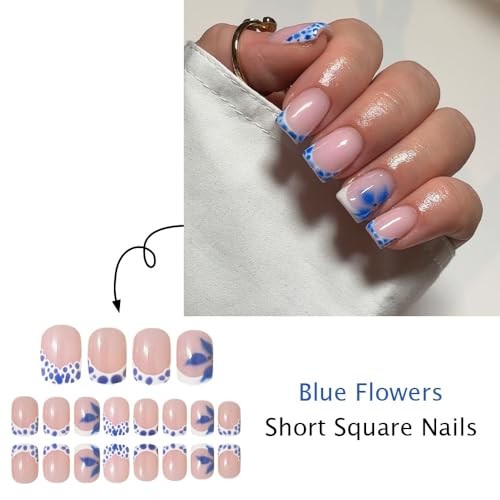 French Tips Press on Nails Short Square Nails Press on with Flower Pattern ST39