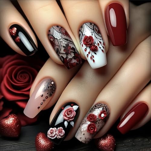 24Pcs Flower False Nails Red Press on Nails Medium Rose Flower and Black Lace