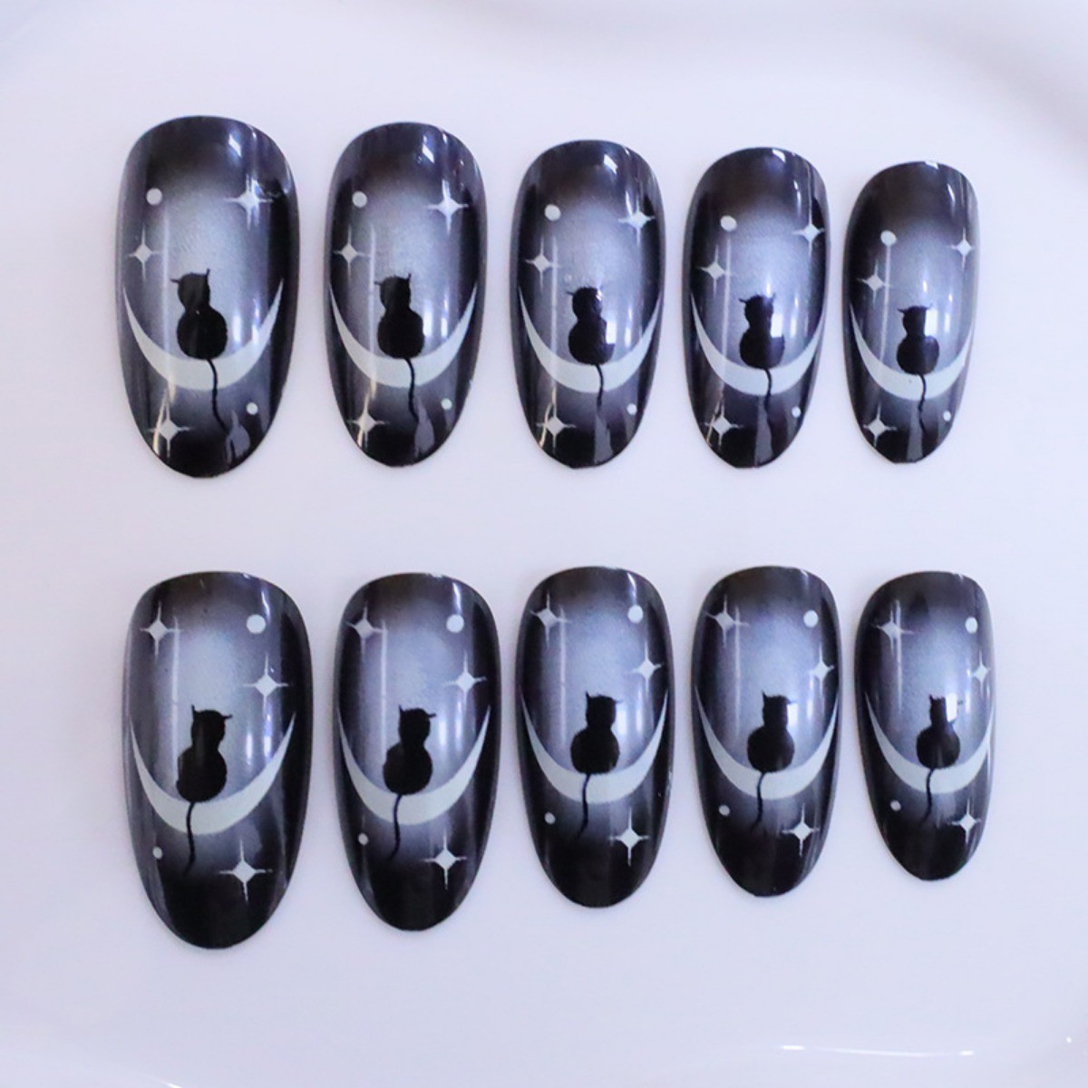 48pcs Almond Press on Nails, Black Smoke Cat Moon Star Gothic Trend Nails